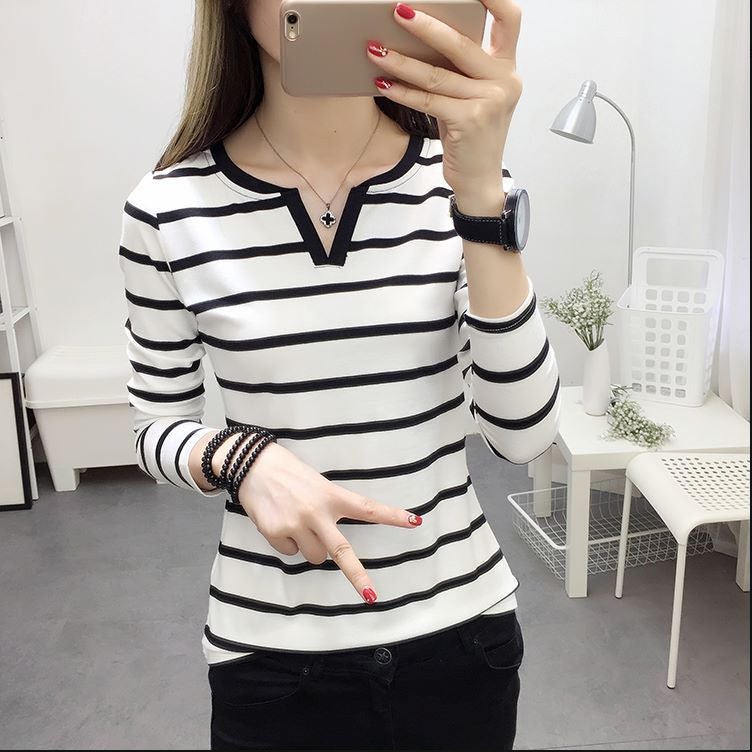 2025 Autumn New Korean Style Slim Fit Striped V-Neck Long Sleeve T-Shirt For Female Students, Base Shirt, Trendy On Instagram - Image 5