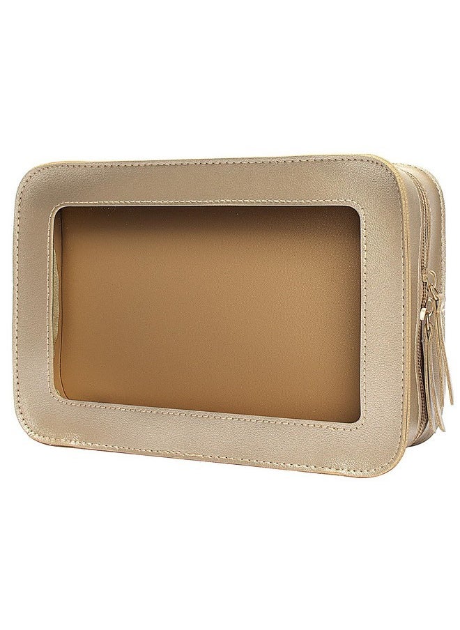 LETGO Clear Makeup Bags, Tsa Approved Toiletry Bag With Zipper, Clear Makeup Organizer Fit Carry-On Travel Essentials,Portable Travel Clear Cosmetic Bags Pouch For Women Men (Golden)  - Image 1