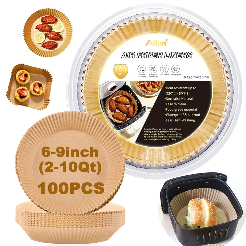 Ailun Air Fryer Disposable Paper Liner, 100PCS Non-Stick Air Fryer Liners, Oil Resistant, Waterproof, Food Grade Baking Paper for Baking Roasting Microwave 7.7inch - Image 1