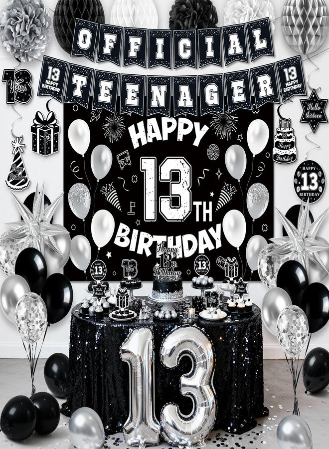 REDWORD 13th Birthday Decorations for Boys, 45Pcs Black White Official Teenager Decorations Include Happy 13th Birthday Backdrop Hanging Swirls 32inch 13 Foil Balloons for Boy Girl Birthday Decor - Image 1