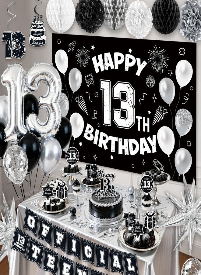 REDWORD 13th Birthday Decorations for Boys, 45Pcs Black White Official Teenager Decorations Include Happy 13th Birthday Backdrop Hanging Swirls 32inch 13 Foil Balloons for Boy Girl Birthday Decor - Image 5