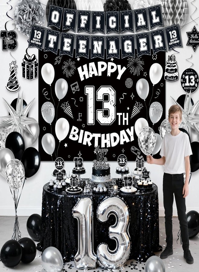 REDWORD 13th Birthday Decorations for Boys, 45Pcs Black White Official Teenager Decorations Include Happy 13th Birthday Backdrop Hanging Swirls 32inch 13 Foil Balloons for Boy Girl Birthday Decor - Image 4
