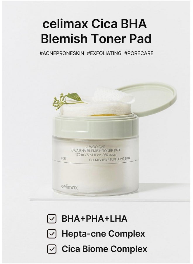 celimax Ji.Woo.Gae Cica Bha Blemish Toner Pad Hydrating & Moisturizing Exfoliating Pads For Oily Combination Skin For Soothing Depuffing Repairing Astringent Pads (60 Pads)  - Image 2