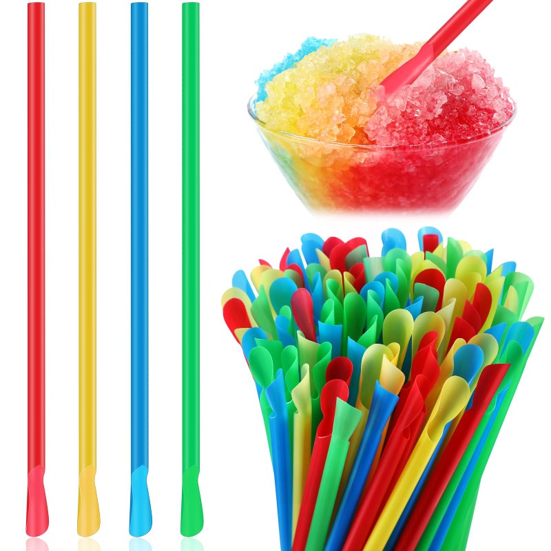 Eaasty 500 Pcs Snow Cone Spoon Straws  Flexible Plastic Flexible Disposable Drinking Straws  Disposable Plastic Sip Stir Sticks (Blue Green Yellow Red) - Image 1