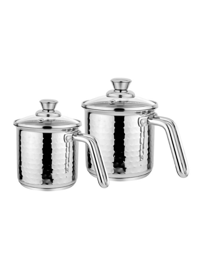Prabha Stainless Steel Milk Pot with Handle 11cm+14cm, 1.1 L+1.8 Liter Set of 2 | Hammered Milk Boiler Glass Lid Steam Vent | Tea Container Water Boiling | Coffee/Milk Warmer. - Image 1