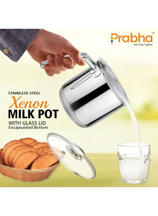 Prabha Stainless Steel Milk Pot with Handle 11cm+14cm, 1.1 L+1.8 Liter Set of 2 | Hammered Milk Boiler Glass Lid Steam Vent | Tea Container Water Boiling | Coffee/Milk Warmer. - Image 3