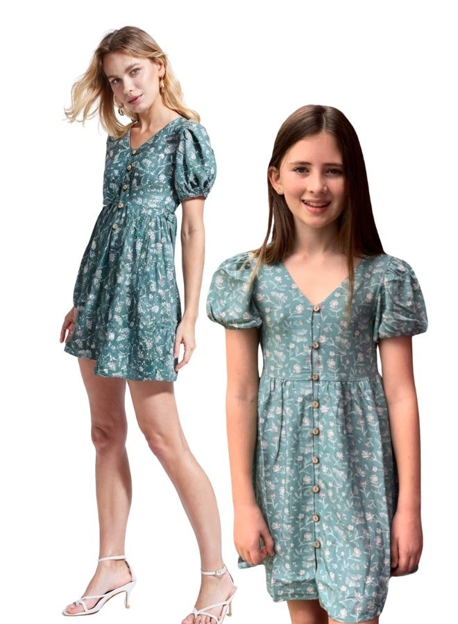 LoryLux Thalia Girls Floral Puff Sleeve V-Neck Button-Down - Dress - Image 1