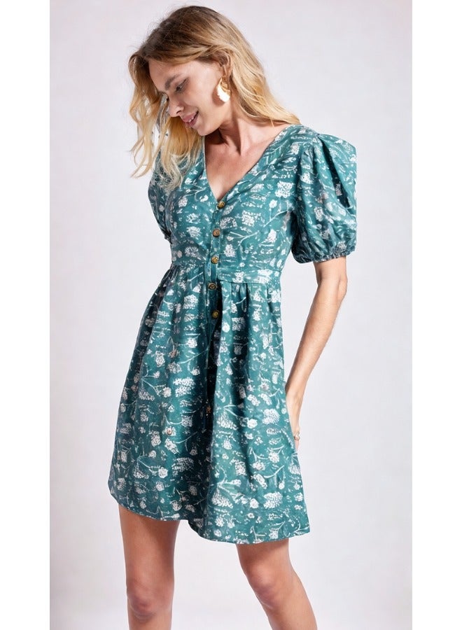 LoryLux Thalia Girls Floral Puff Sleeve V-Neck Button-Down - Dress - Image 2