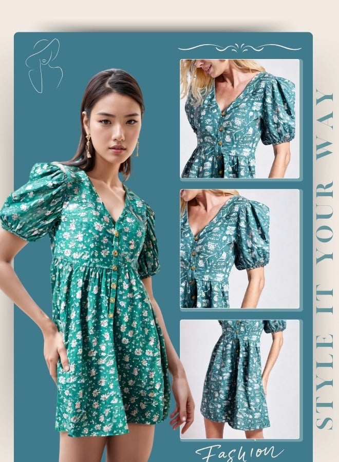 LoryLux Thalia Girls Floral Puff Sleeve V-Neck Button-Down - Dress - Image 5