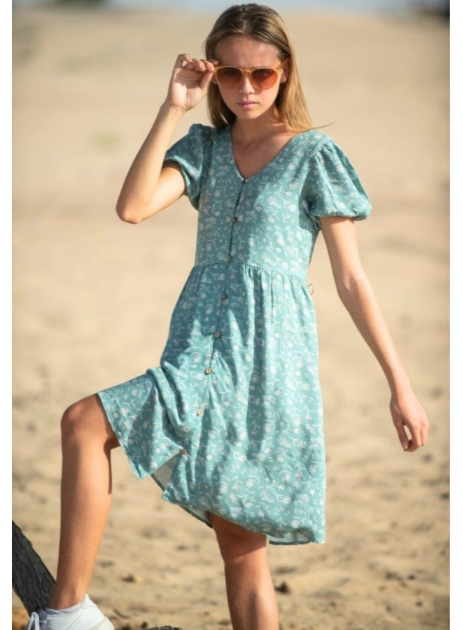 LoryLux Thalia Girls Floral Puff Sleeve V-Neck Button-Down - Dress - Image 3