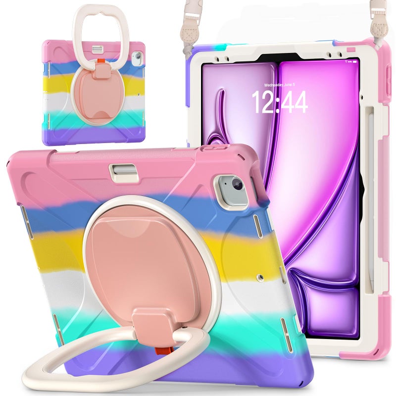 Batianda Case for iPad Air 13 inch 2025 M3 2024 M2 Chip Heavy Duty Rugged Durability Silicone Tablet Cover with 360 Rotating Ring Foldable Kickstand Shoulder Strap Colorful Pink - Image 2