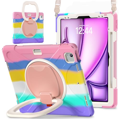 Batianda Case for iPad Air 13 inch 2025 M3 2024 M2 Chip Heavy Duty Rugged Durability Silicone Tablet Cover with 360 Rotating Ring Foldable Kickstand Shoulder Strap Colorful Pink - Image 1