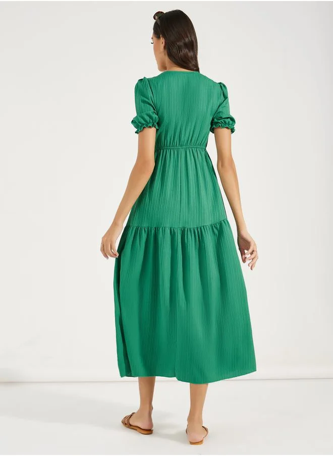 تايك تو V Neck Tiered Midi Dress with Front Split by Styli