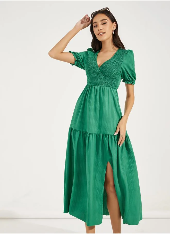 Styli V Neck Tiered Midi Dress with Front Split by Styli