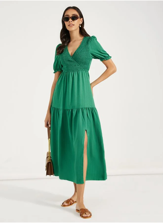 Styli V Neck Tiered Midi Dress with Front Split by Styli