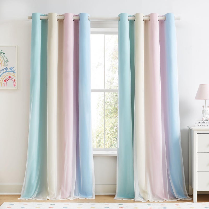 Geomoroccan 100% Blackout Curtains with Sheer Overlay Mix and Match Double Layer Drapes 84 Inch Long 2 Panels for Girls Room Nursery Bedroom Ombre Rainbow Grommet Window Treatment with Tiebacks - Image 1