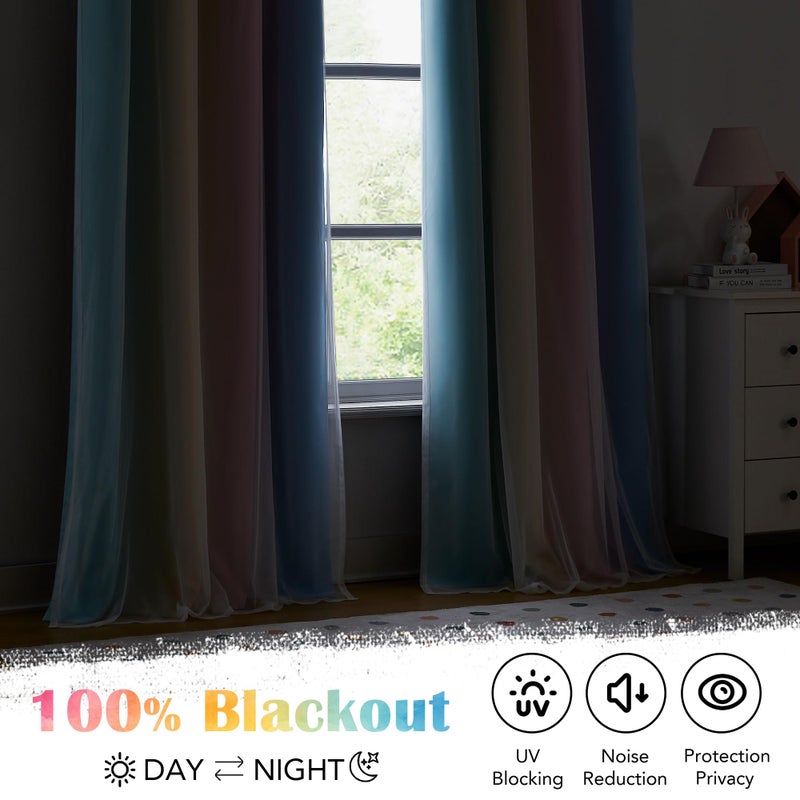 Geomoroccan 100% Blackout Curtains with Sheer Overlay Mix and Match Double Layer Drapes 84 Inch Long 2 Panels for Girls Room Nursery Bedroom Ombre Rainbow Grommet Window Treatment with Tiebacks - Image 4