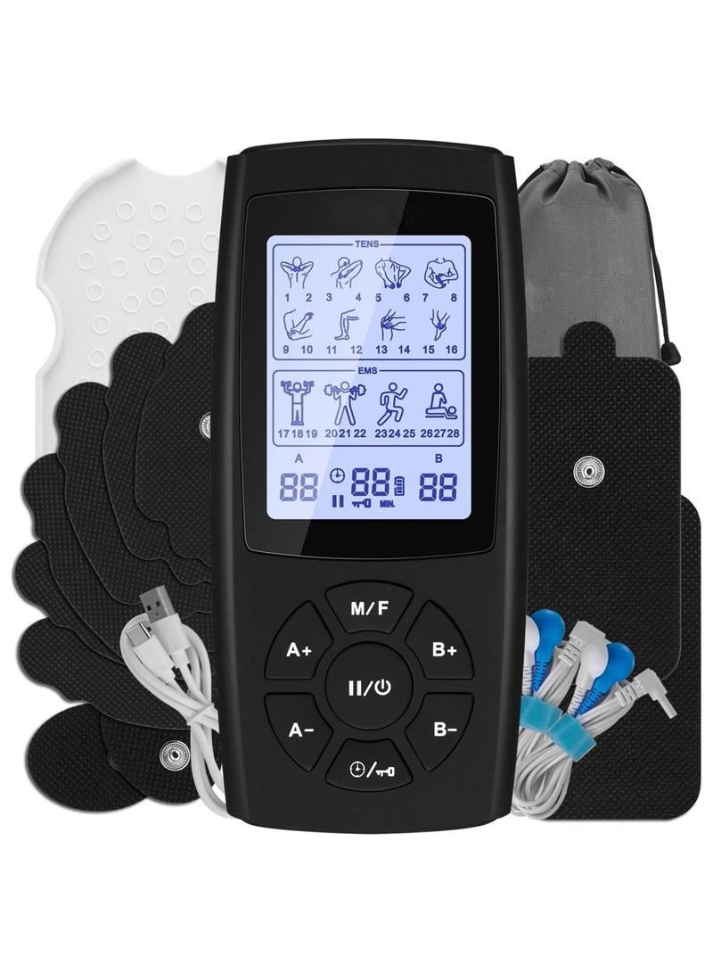 KADIP Rechargeable Dual Channel Tens Unit Muscle Stimulator, 28 Modes EMS TENS Machine with 10 TENS Pads, Meridian Massage Instrument, Pain Relief for Back Neck and Shoulders, Muscle Relaxer, Stim Machine - Image 1