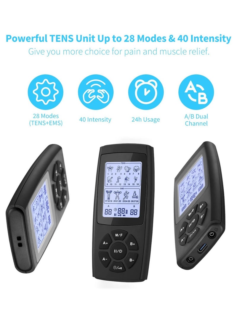 KADIP Rechargeable Dual Channel Tens Unit Muscle Stimulator, 28 Modes EMS TENS Machine with 10 TENS Pads, Meridian Massage Instrument, Pain Relief for Back Neck and Shoulders, Muscle Relaxer, Stim Machine - Image 2