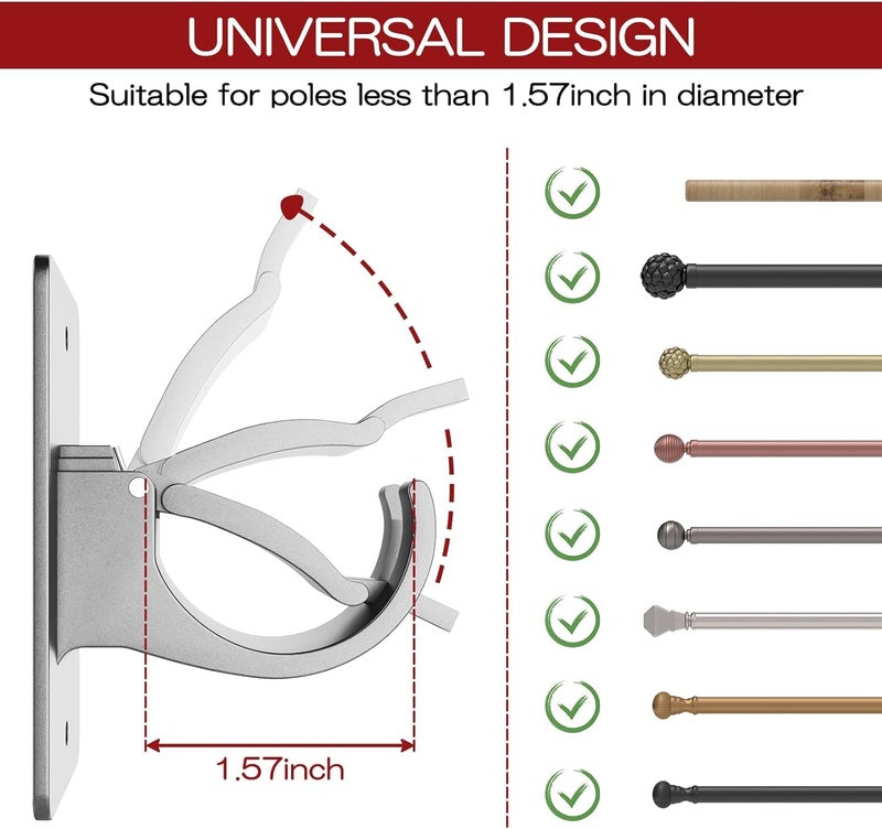 Wabboreq 6PCS No Drill Curtain Brackets, Self-Adhesive Rod Holders, Universal Plastic Nail Free Adjustable, Curtain Hooks for Rods Less Than 1.57 Inch Diameter (Sliver) - Image 2