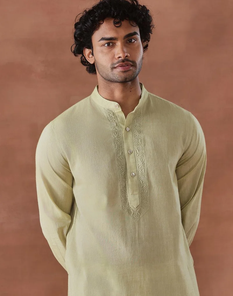 Fabindia  Green Cotton Chikankari Slim Fit Long Kurta for Men | Best Price UAE