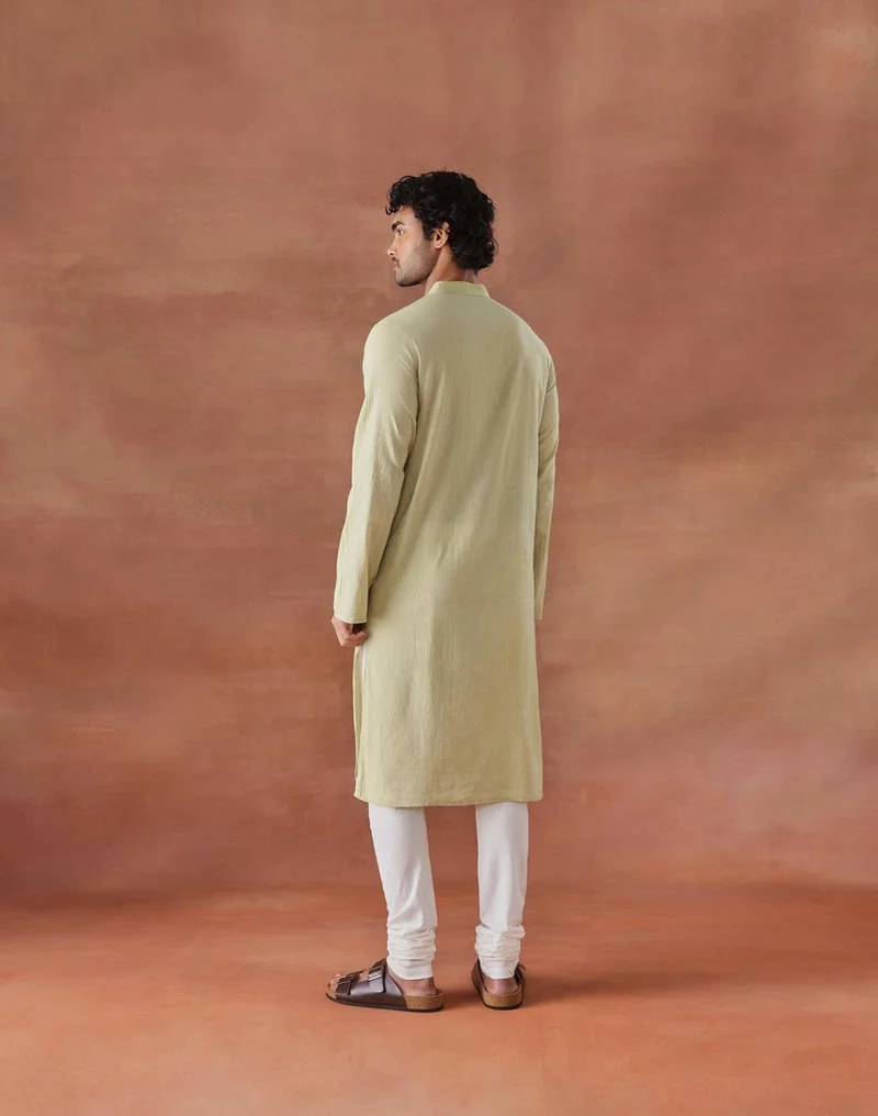 Fabindia  Green Cotton Chikankari Slim Fit Long Kurta for Men | Best Price UAE