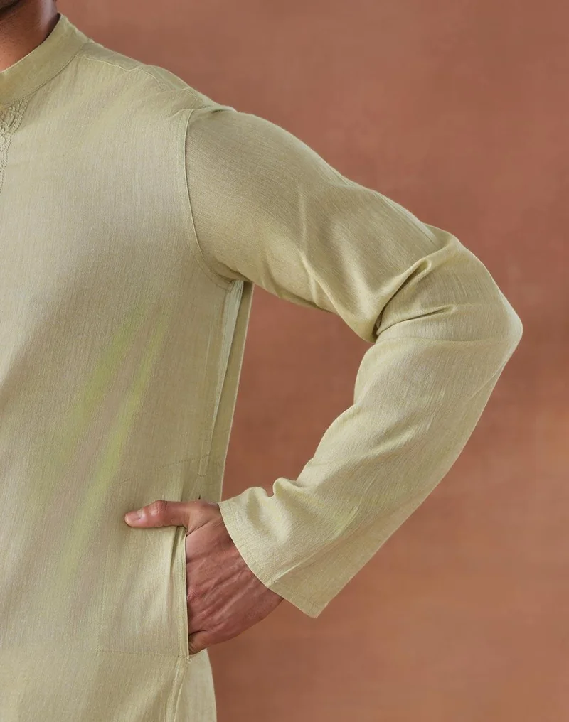 Fabindia  Green Cotton Chikankari Slim Fit Long Kurta for Men | Best Price UAE