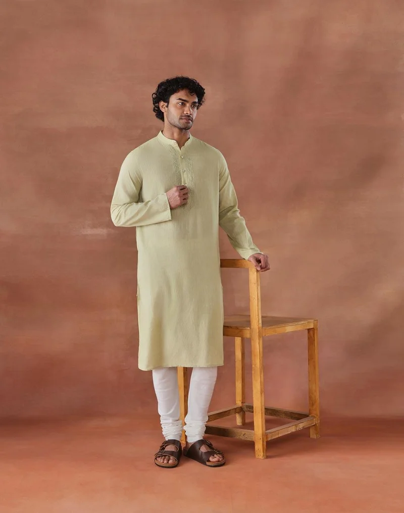 Fabindia Green Cotton Chikankari Slim Fit Long Kurta