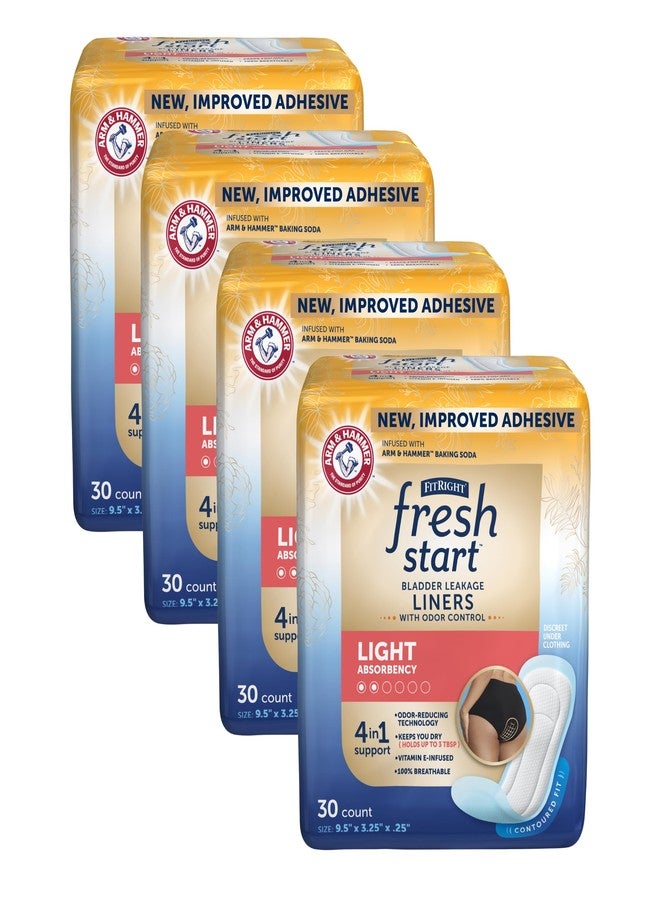 FitRight Fresh Start Liners for Women, Now with Stronger Adhesive, Incontinence, Bladder Leak, and Postpartum Pads with The Odor-Control Power of ARM & Hammer, Light Absorbency (30 Count, Pack of 4 - Image 1