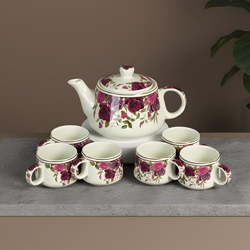 CRAF10 Handcrafted Ceramic Vintage Rose Floral Print Teapot Cup Set - 1 Kettle (1 Litre) & 6 Cups (160 ML), Microwave & Dishwasher Safe | Morning Set | Tea Sets with Kettle - Image 2