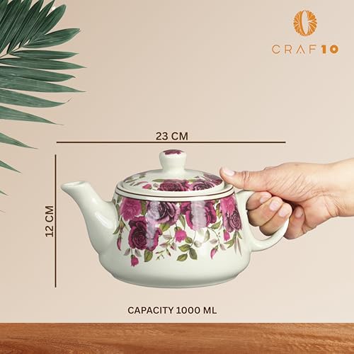 CRAF10 Handcrafted Ceramic Vintage Rose Floral Print Teapot Cup Set - 1 Kettle (1 Litre) & 6 Cups (160 ML), Microwave & Dishwasher Safe | Morning Set | Tea Sets with Kettle - Image 3