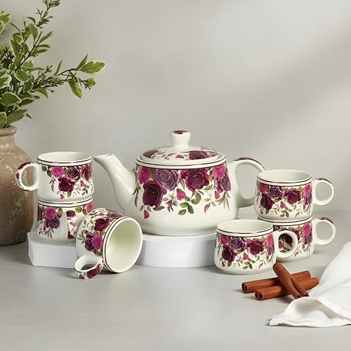 CRAF10 Handcrafted Ceramic Vintage Rose Floral Print Teapot Cup Set - 1 Kettle (1 Litre) & 6 Cups (160 ML), Microwave & Dishwasher Safe | Morning Set | Tea Sets with Kettle - Image 1