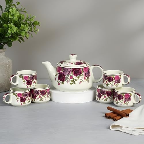 CRAF10 Handcrafted Ceramic Vintage Rose Floral Print Teapot Cup Set - 1 Kettle (1 Litre) & 6 Cups (160 ML), Microwave & Dishwasher Safe | Morning Set | Tea Sets with Kettle - Image 5