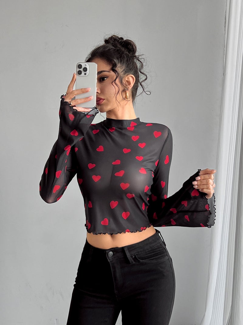 Women's Mesh Print Flared Long Sleeve T-Shirt - Image 5