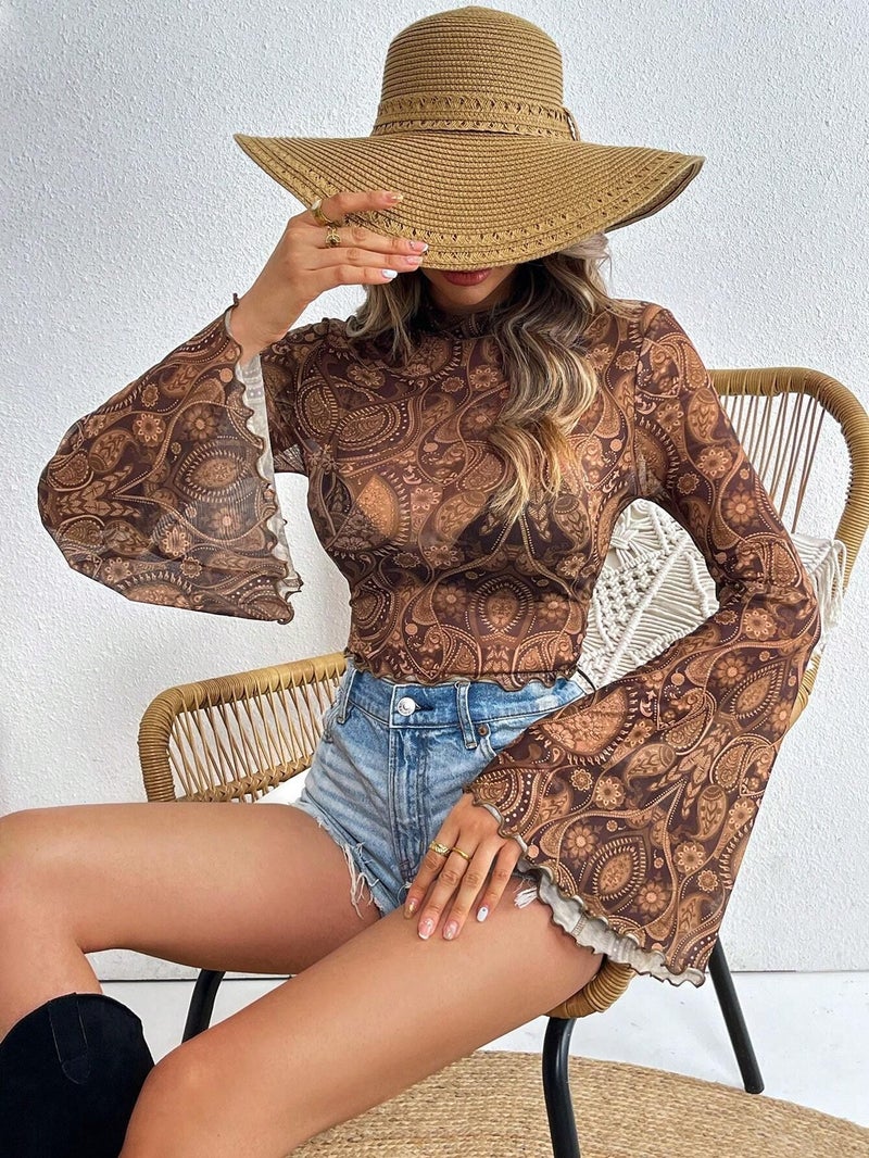 Women's Mesh Print Flared Long Sleeve T-Shirt - Image 2