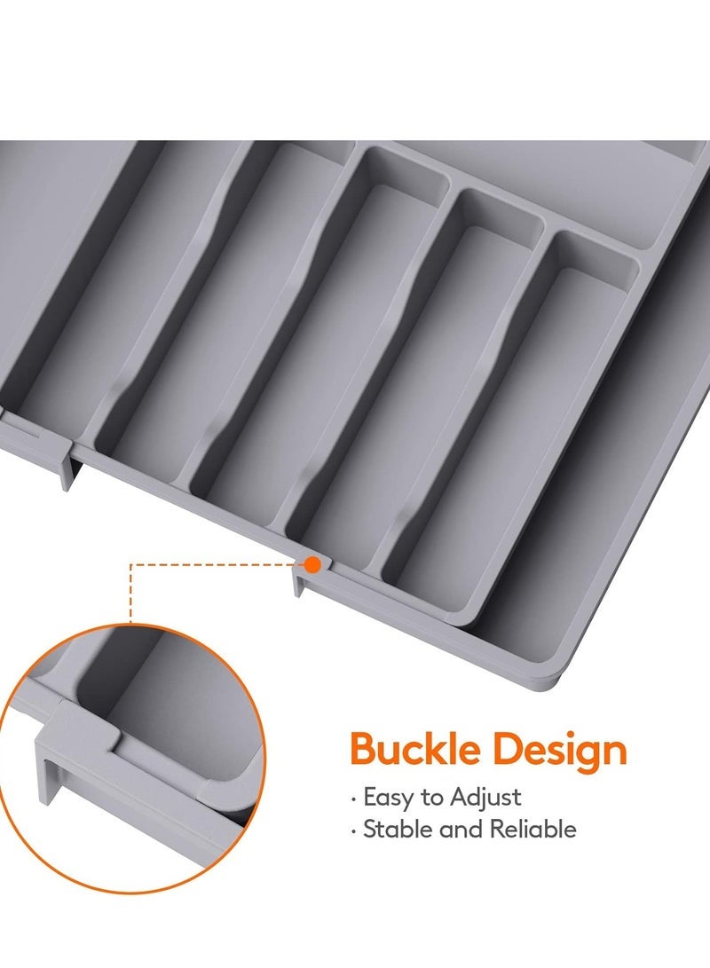 ميكسد Silverware Drawer Organizer, Expandable Utensil Tray for Kitchen, Adjustable Flatware and Cutlery Holder, Compact Plastic Storage for Spoons Forks Knives, Large, Safe Grade Finis - Image 3