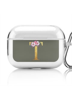 Classic Clear printed Case for Apple AirPods Pro 2nd Generation Thin Transparent Cover - Custom Monogram Initial Letter Floral Pattern Alphabet - T (Olive Green )