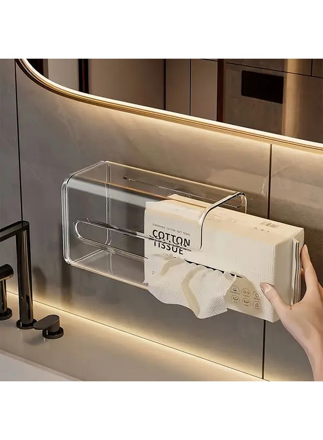 No Drill Wall Mounted Tissue Dispenser Transparent Square Holder Inverted Design Space Saving Modern Bathroom Kitchen Organizer Toilet Paper Napkins Lock Free Easy Adhesive - Image 1