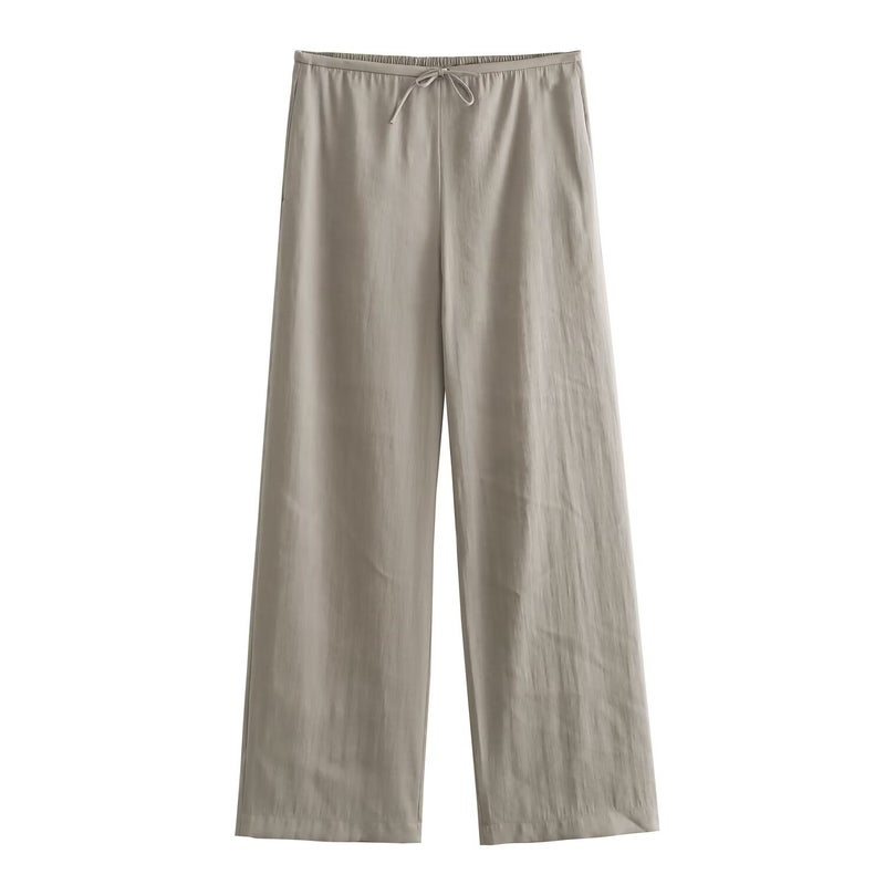 2024 Spring New European and American Cross-border Womens Simple Double-breasted Wrap Draping Jacket Solid Color Wide Pants Set 81098 Grey Cafe Pants