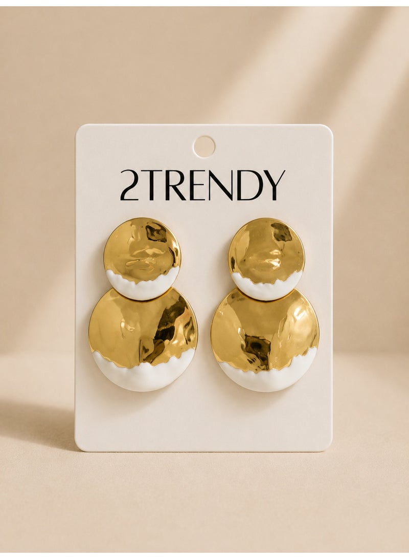 Gold & White Double Disc Drop Earrings for Women