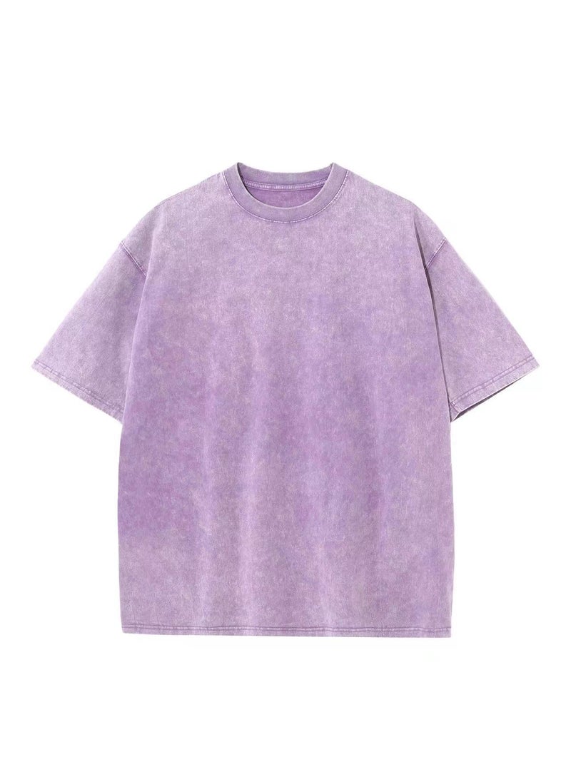 Generic - 230g Pure Cotton Oversize American Style Vintage Trendy Brand Wax-Stained Distressed T-Shirt For Men From China Mainland Purple - Image 1