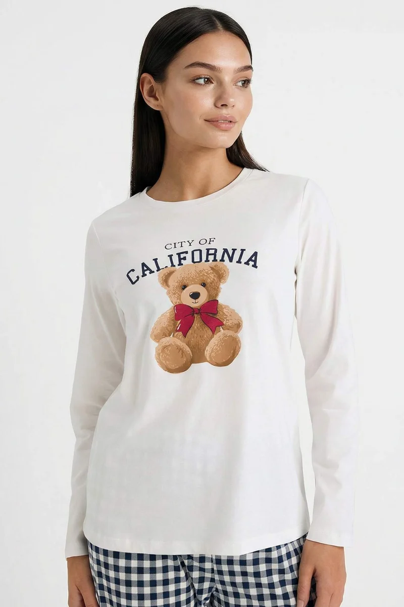 ديفاكتو Regular Fit Teddy Bear Print Top Bottom 2 Piece Pyjamas Set