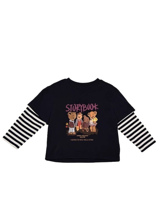 Boys Cartoon Anime Bear Print Long Sleeve T-shirt, Autumn Winter Small Medium Large Kids Clothing Pure Cotton Striped Base Layer Top - Image 5