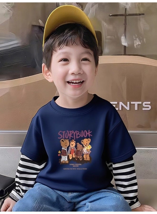 Boys Cartoon Anime Bear Print Long Sleeve T-shirt, Autumn Winter Small Medium Large Kids Clothing Pure Cotton Striped Base Layer Top - Image 1