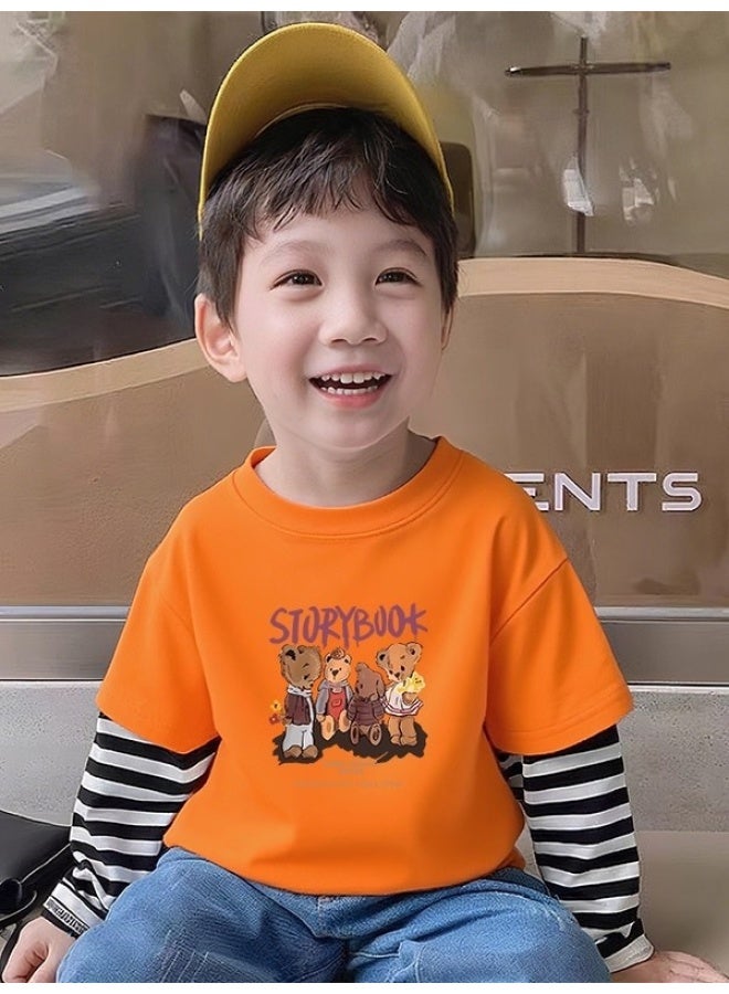 Boys Cartoon Anime Bear Print Long Sleeve T-shirt, Autumn Winter Small Medium Large Kids Clothing Pure Cotton Striped Base Layer Top - Image 2