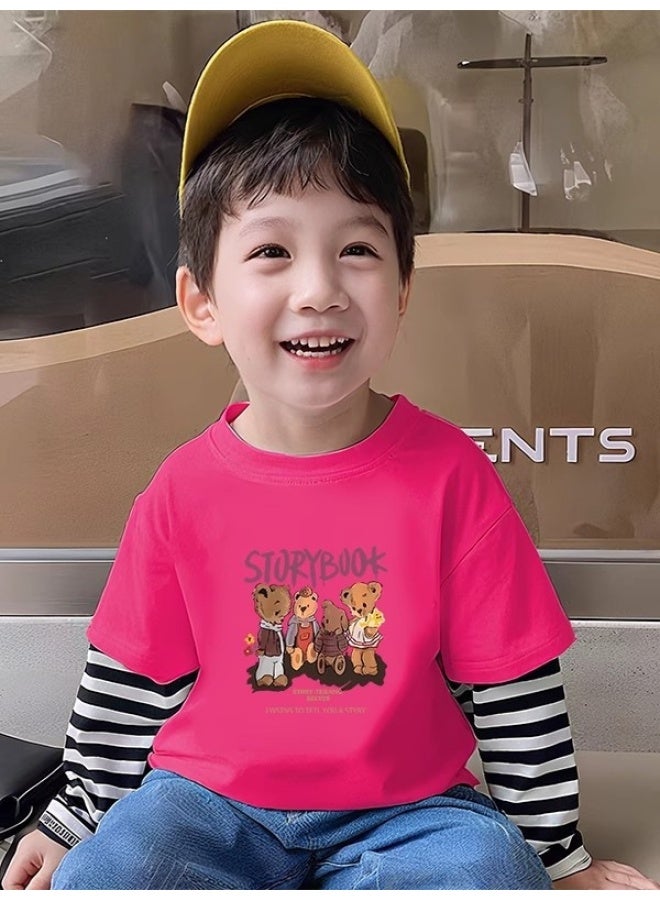 Boys Cartoon Anime Bear Print Long Sleeve T-shirt, Autumn Winter Small Medium Large Kids Clothing Pure Cotton Striped Base Layer Top - Image 4