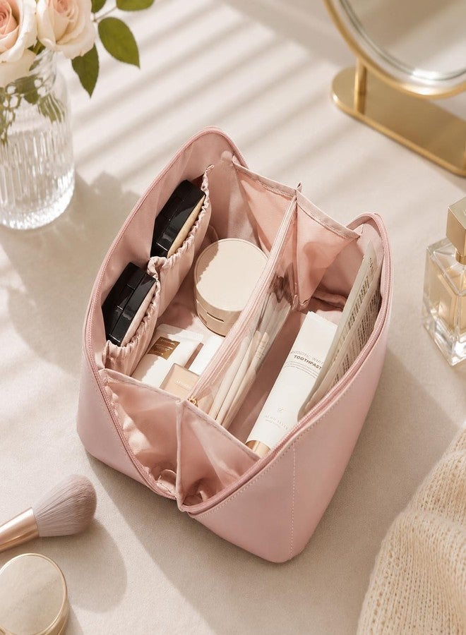 Heda Large Capacity Cosmetic Bag for Women, Waterproof Travel Makeup Organizer Pouch with Compartments, Portable Toiletry & Skincare Storage Bag, Makeup Case for Travel & Daily Use - Pink - Image 2