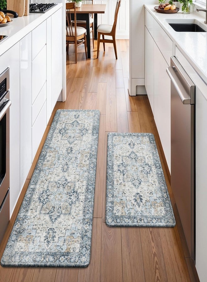 GENIMO Kitchen Mats for Floor 2PCs, Washable Anti Fatigue Mat for Cushioned, 17.3"x47"+17.3"x30", 0.4 inch, Waterproof Kitchen Rug, Non Slip Standing Mat for Home, Runner, Office, Laundry, Light Blue - Image 2