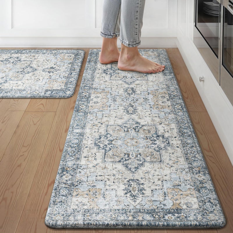 GENIMO Kitchen Mats for Floor 2PCs, Washable Anti Fatigue Mat for Cushioned, 17.3"x47"+17.3"x30", 0.4 inch, Waterproof Kitchen Rug, Non Slip Standing Mat for Home, Runner, Office, Laundry, Light Blue - Image 1