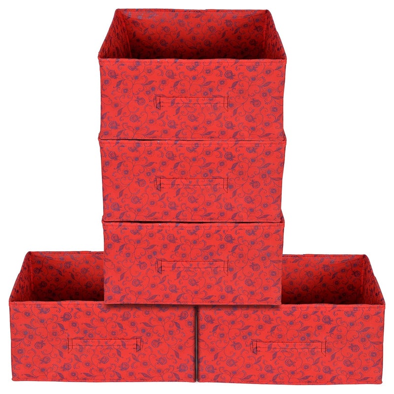 Kuber Industries Metalic Floral Print Non Woven Fabric 5Drawer Storage and Cloth Organizer Unit for Closet RedKUBMART1189 - Image 3